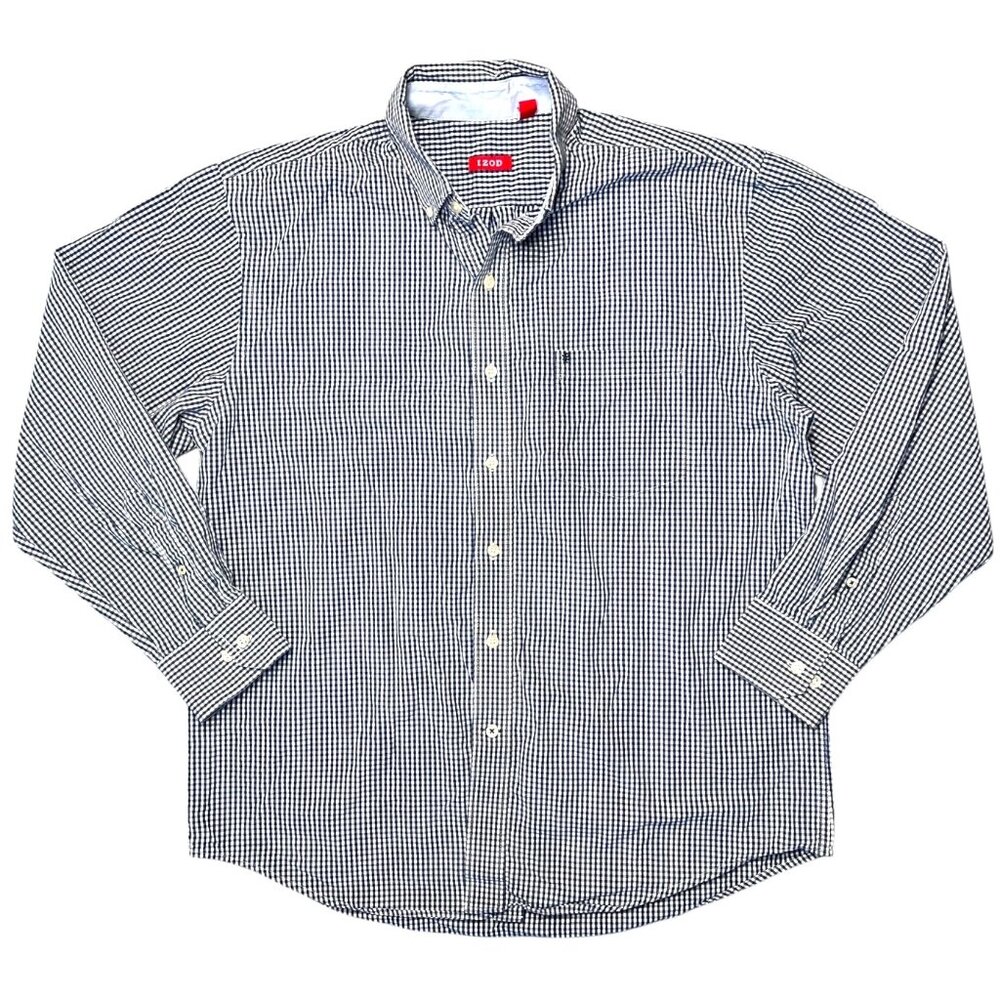 IZOD Gingham Button Down Shirt Blue White Cotton Long Sleeve Menโs Large